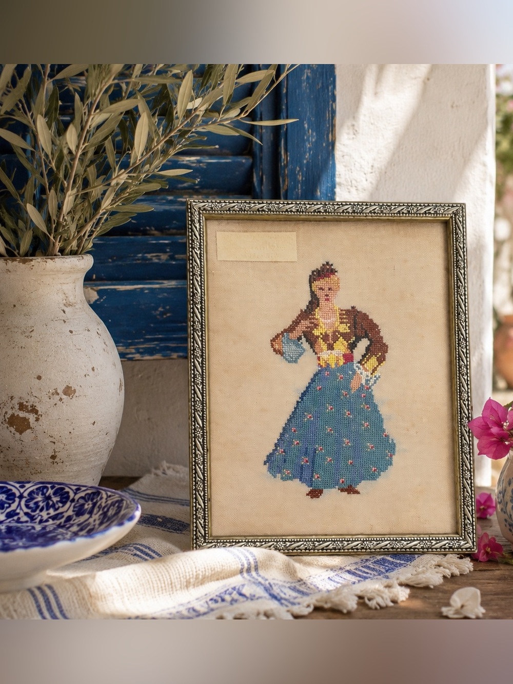 Greek Folk Art Cross Stitch Framed Needlepoint Loutraki Greece 1966 Wall Decor